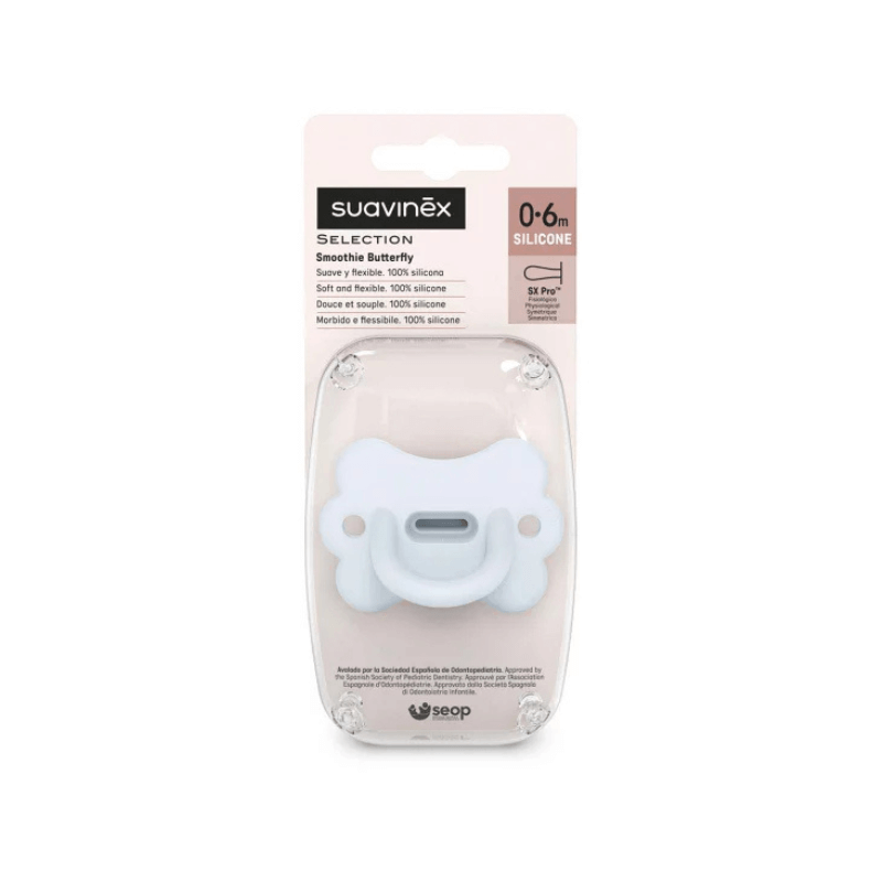 Smoczek 100% silikonowy fizjologiczny SX Pro Colour Essence Motylek - niebieski / Suavinex