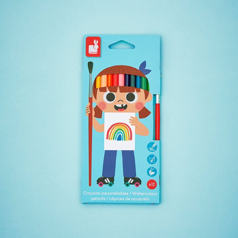 Kredki akwarelowe z pędzelkiem 12 kolorów 3+ / Janod