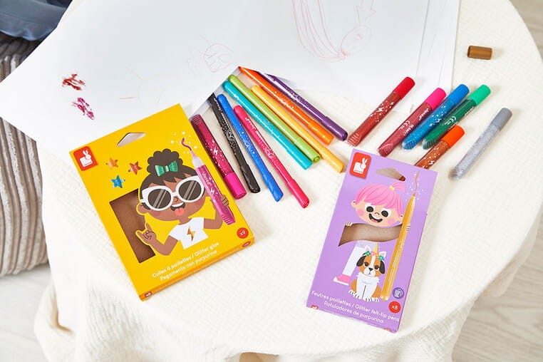 Klej z brokatem w tubkach 9 kolorów 3+ / Janod