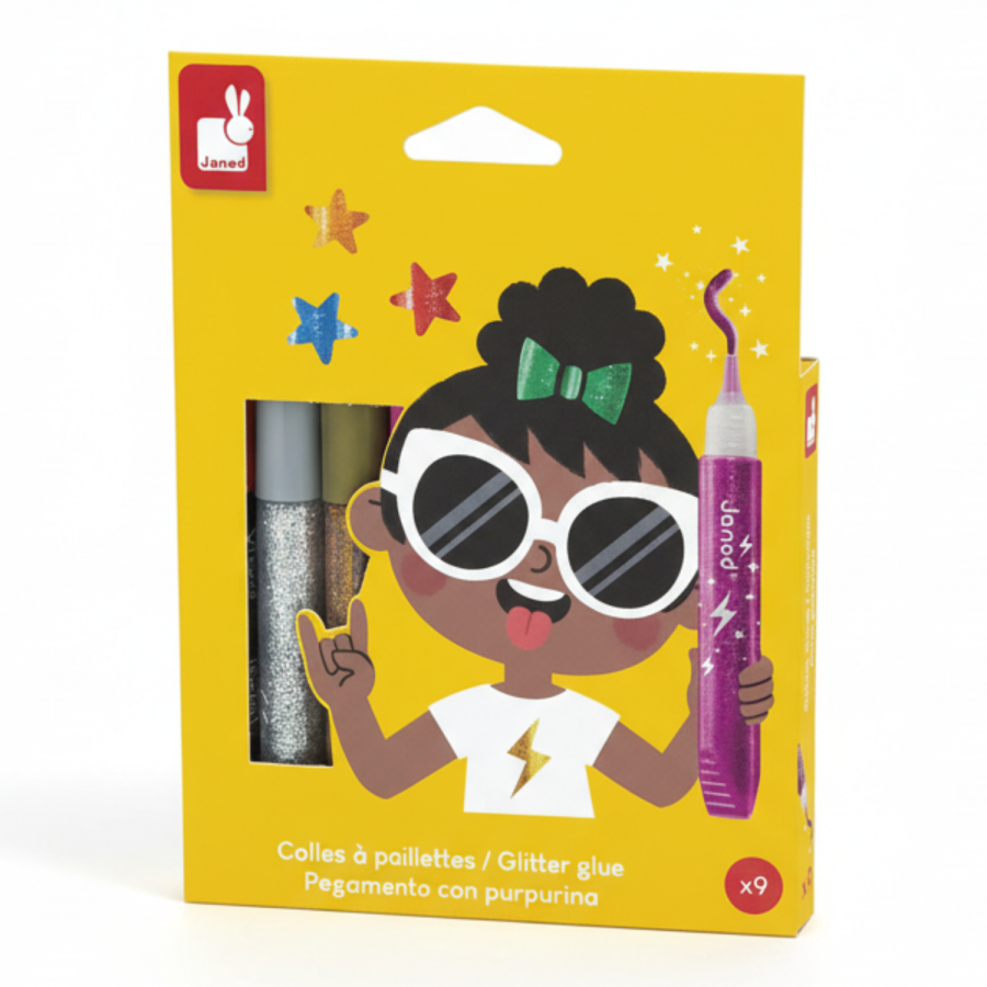 Klej z brokatem w tubkach 9 kolorów 3+ / Janod