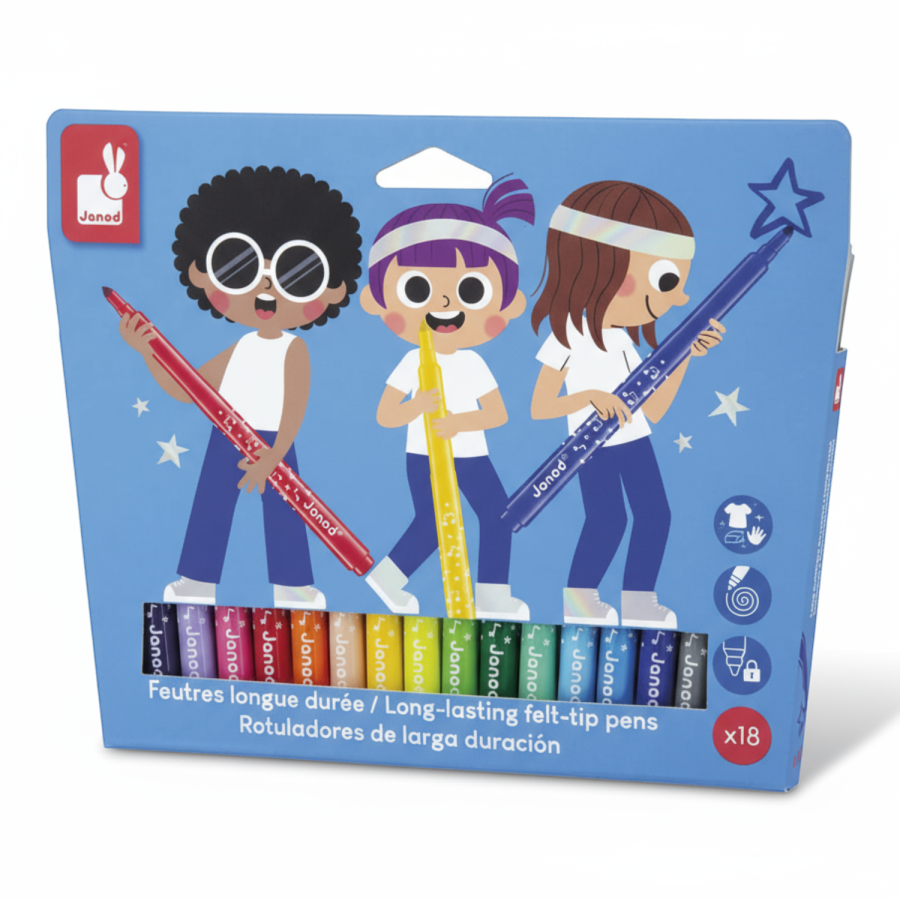 Flamastry pisaki z filcową końcówką 18 kolorów 3+ / Janod