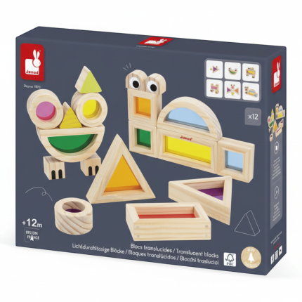 Klocki drewniane przeźroczyste kolorowe sensoryczne 12 m+ / Janod