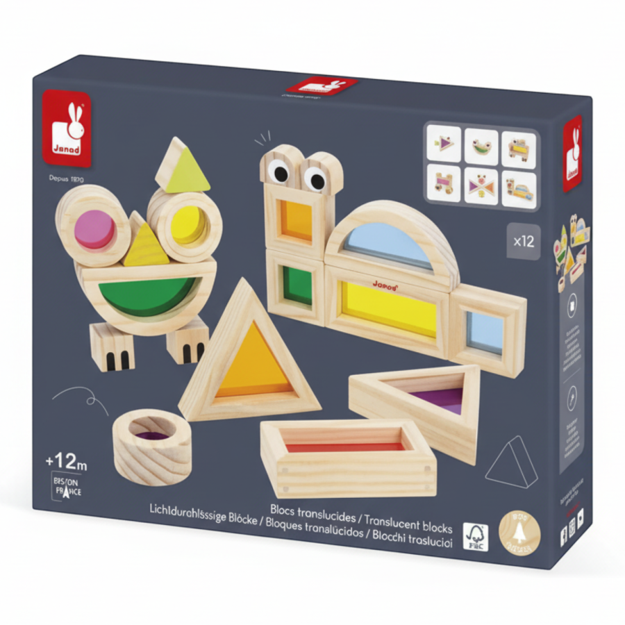Klocki drewniane przeźroczyste kolorowe sensoryczne 12 m+ / Janod