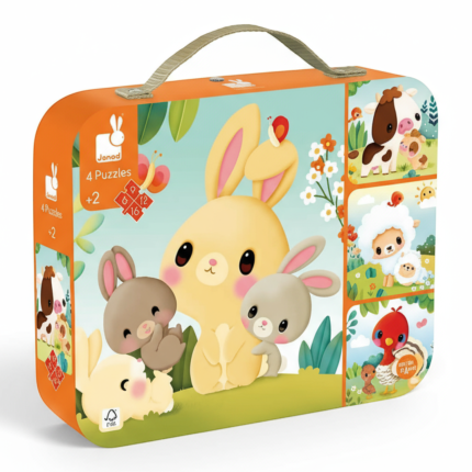 Puzzle progresywne w walizce Zwierzątka na farmie 4 układanki – 6, 9, 12 i 16 elementów / Janod