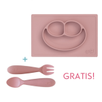 Silikonowy talerzyk z podkładką 2w1 Happy Mat + GRATIS komplet silikonowych sztućców pastelowy róż / EZPZ