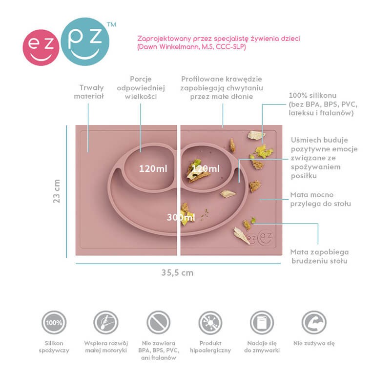 Silikonowy talerzyk z podkładką 2w1 Happy Mat + GRATIS komplet silikonowych sztućców pastelowy róż / EZPZ