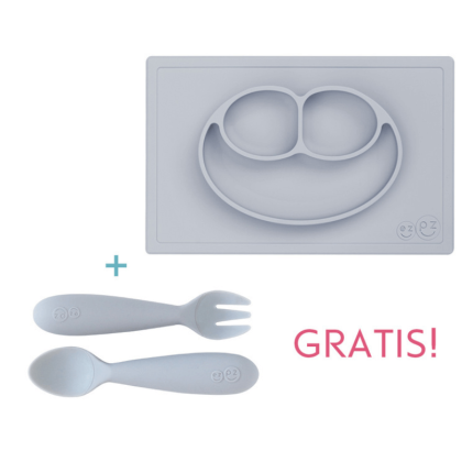 Silikonowy talerzyk z podkładką 2w1 Happy Mat + GRATIS komplet silikonowych sztućców pastelowa szarość / EZPZ