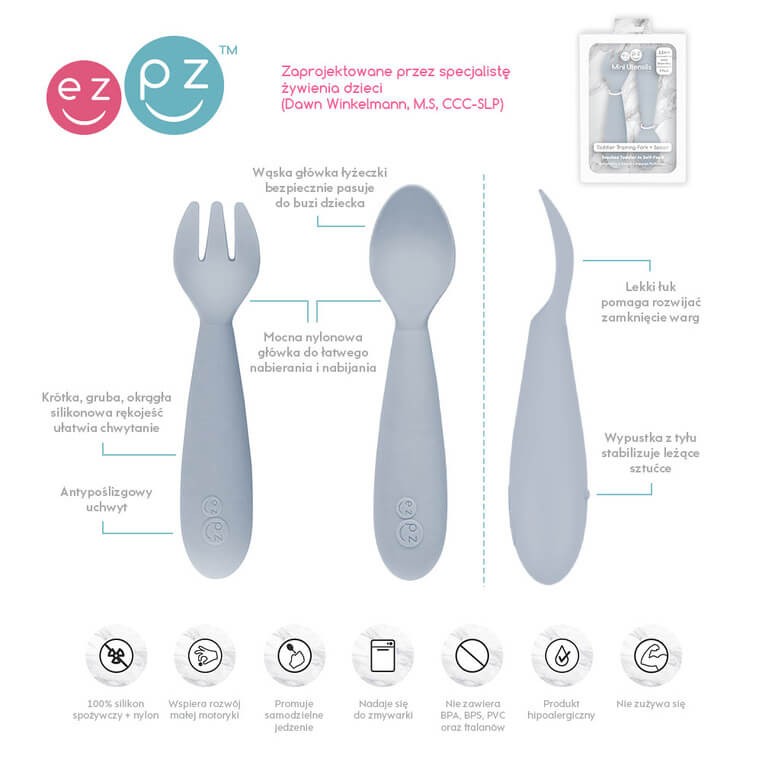 Silikonowy talerzyk z podkładką 2w1 Happy Mat + GRATIS komplet silikonowych sztućców pastelowa szarość / EZPZ