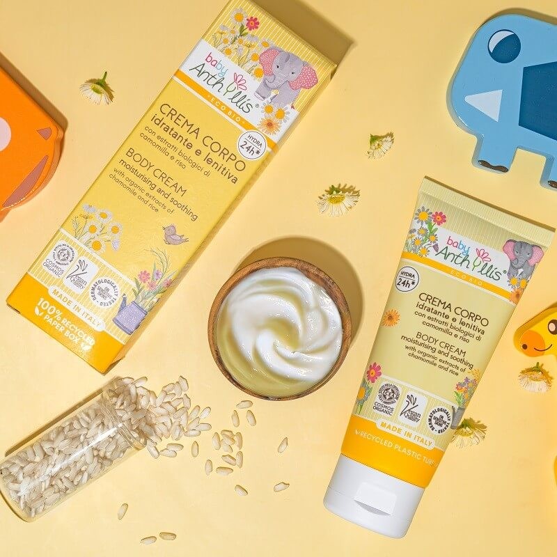 Nawilżająco-łagodzący krem do ciała dla dzieci, z ekologicznym rumiankiem i ryżem, 100 ml / Baby Anthyllis
