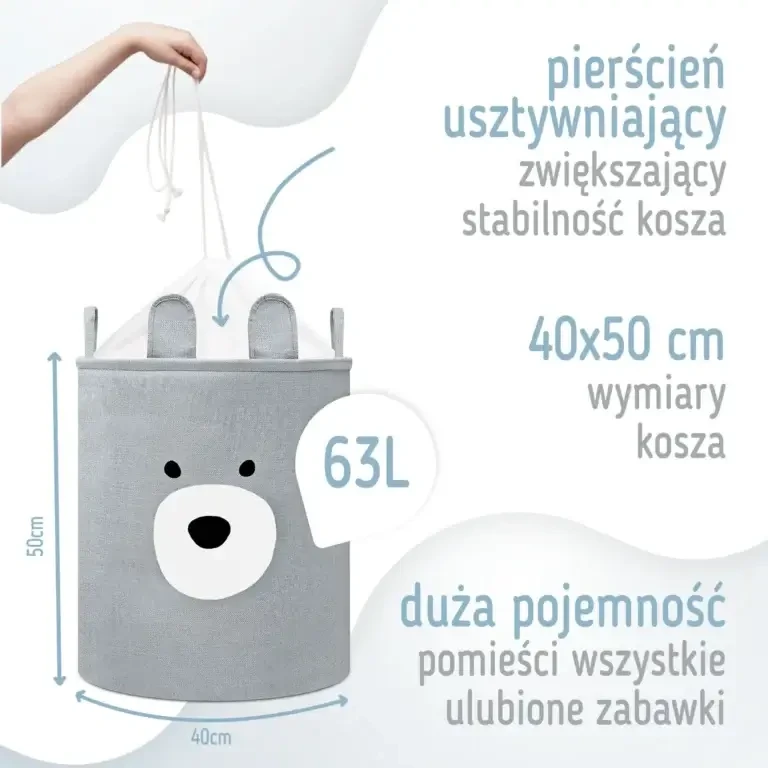 Zamykany kosz na ściągacz do przechowywania zabawek PREMIUM - Szary Miś / SIPO