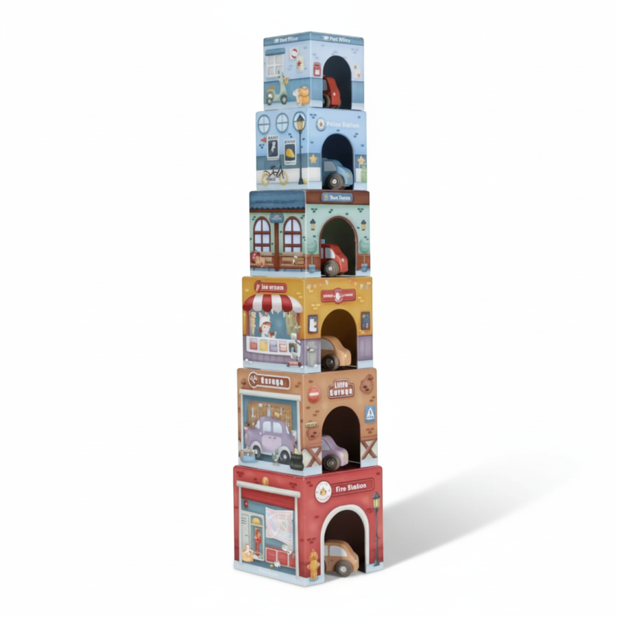 Wieża do układania + 6 autek FSC / Little Dutch