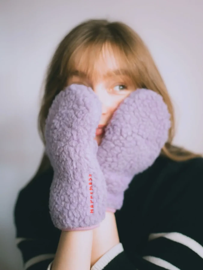 Rękawiczki z wełny merino z klapką dla dorosłych - lilac cloud / Happymess