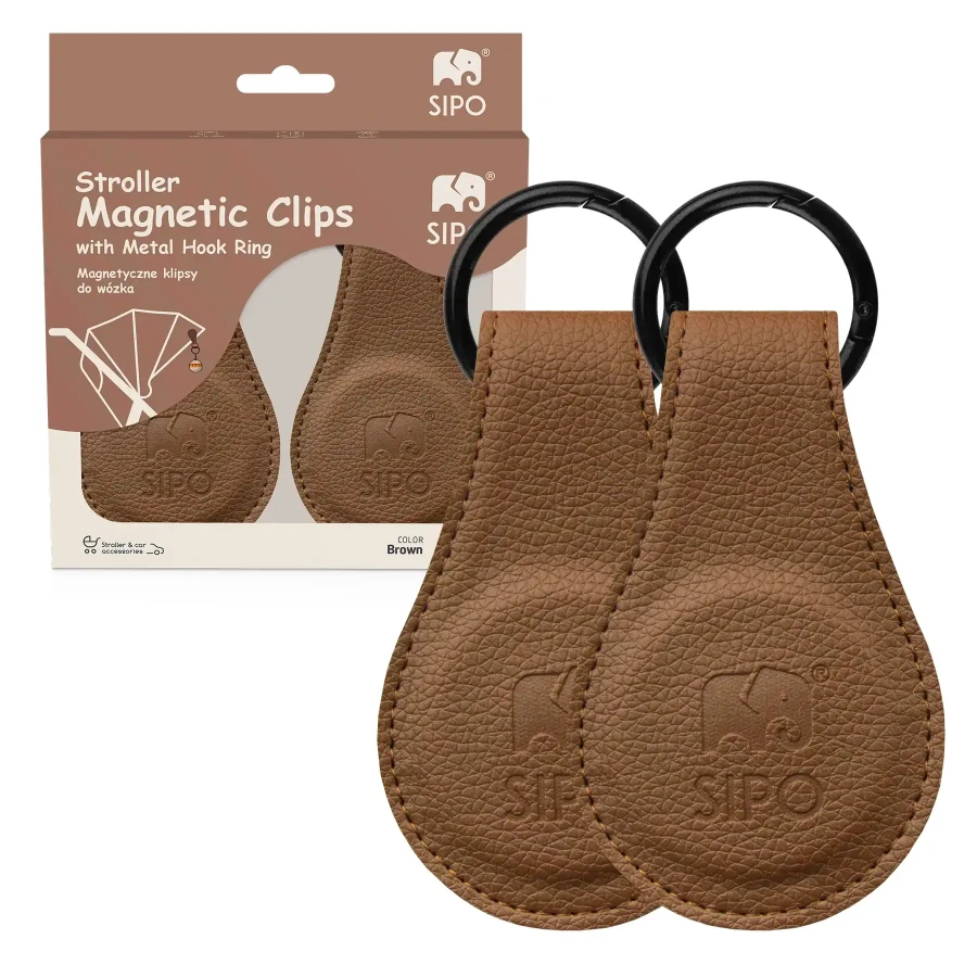 Klipsy magnetyczne z metalową zawieszką do wózka i fotelika, zestaw 2 szt. - brązowe / SIPO