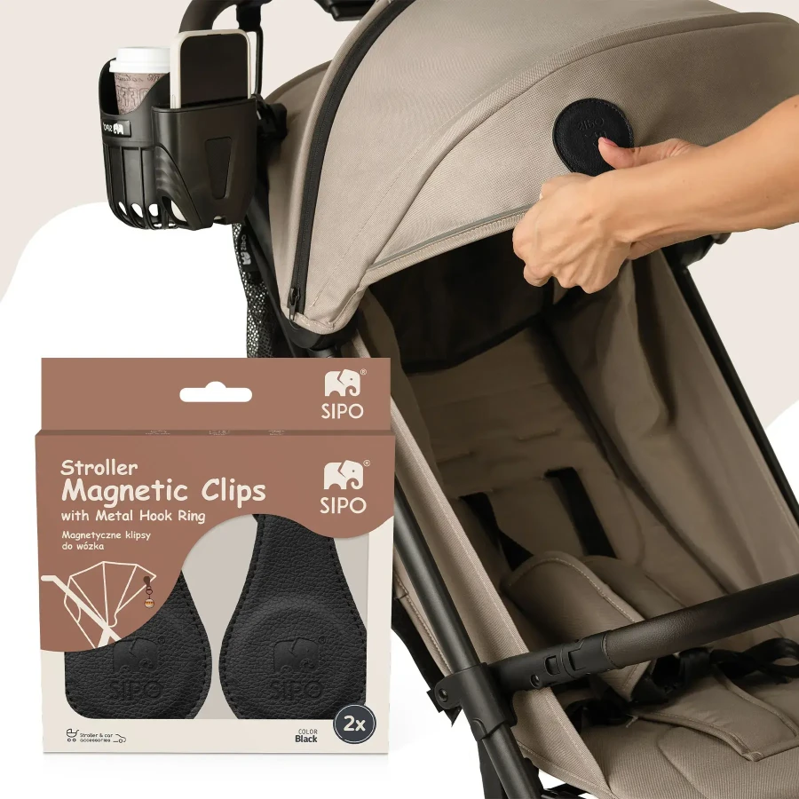 Klipsy magnetyczne z metalową zawieszką do wózka i fotelika, zestaw 2 szt. - czarne / SIPO