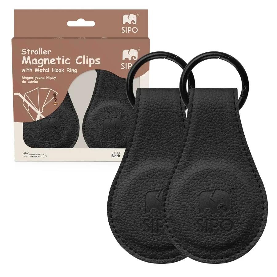 Klipsy magnetyczne z metalową zawieszką do wózka i fotelika, zestaw 2 szt. - czarne / SIPO