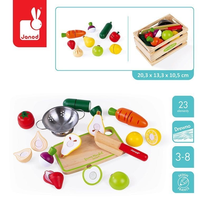 Drewniana skrzynka z warzywami i owocami do krojenia oraz akcesoriami / Janod