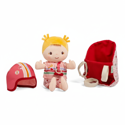 Lalka dzidziuś w foteliku rowerowym z komforterem i kaskiem Lena 18 m+ / Lilliputiens