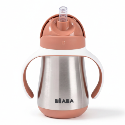 Butelka - kubek niekapek stalowa ze słomką 250 ml - Terracotta / Beaba