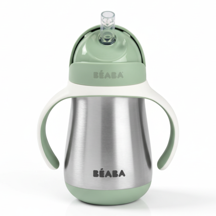 Butelka - kubek niekapek stalowa ze słomką 250 ml - Sage green / Beaba