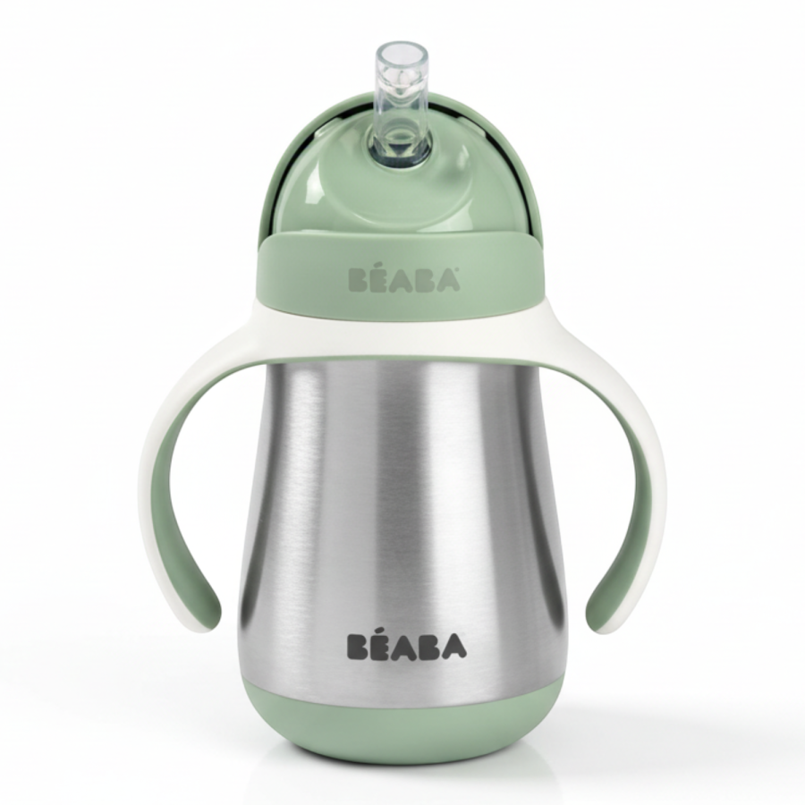 Butelka - kubek niekapek stalowa ze słomką 250 ml - Sage green / Beaba