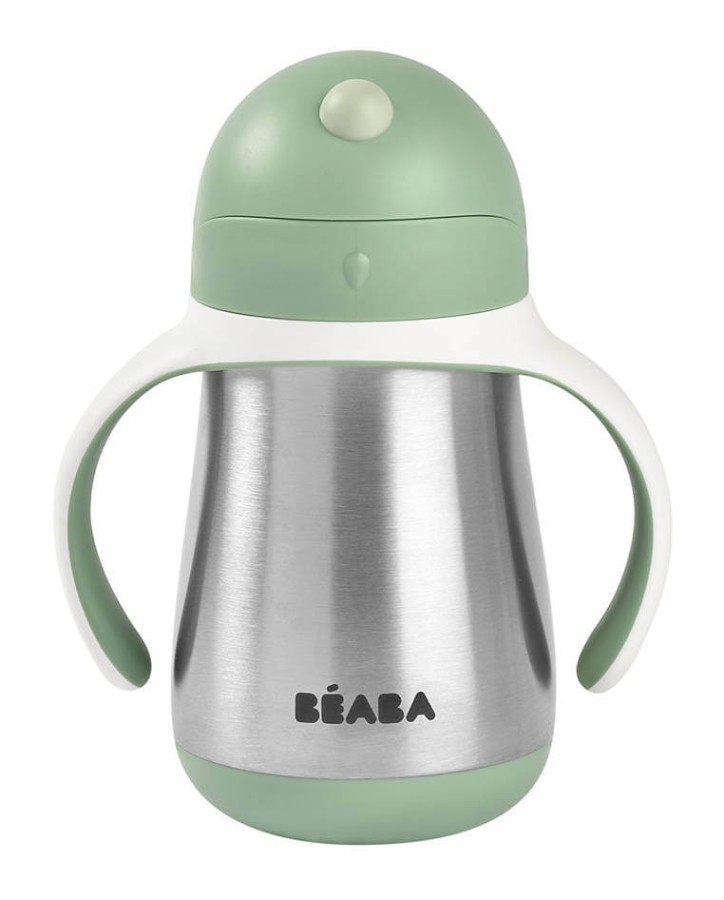 Butelka - kubek niekapek stalowa ze słomką 250 ml - Sage green / Beaba
