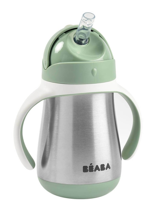 Butelka - kubek niekapek stalowa ze słomką 250 ml - Sage green / Beaba