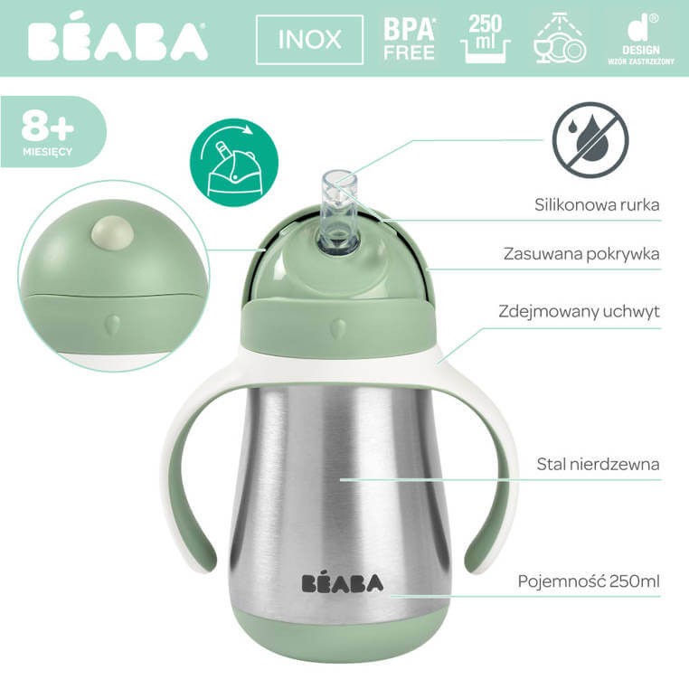 Butelka - kubek niekapek stalowa ze słomką 250 ml - Sage green / Beaba