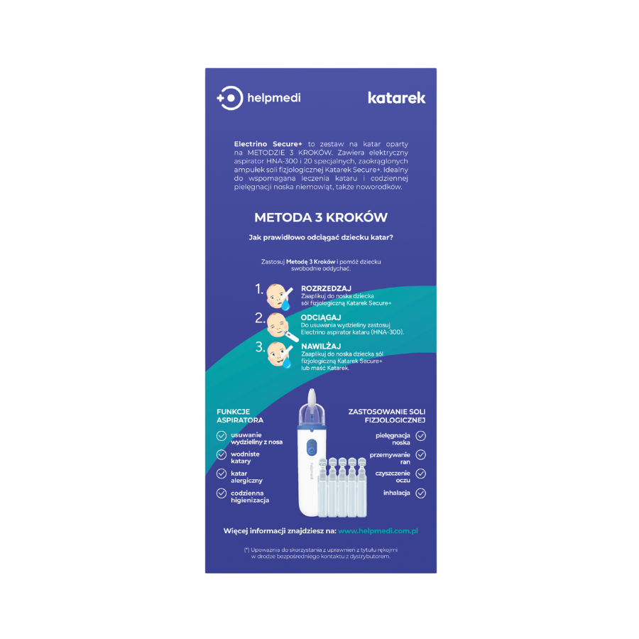 Ultra cichy aspirator elektryczny Electrino + sól fizjologiczna Katarek Secure+ / Katarek Helpmedi