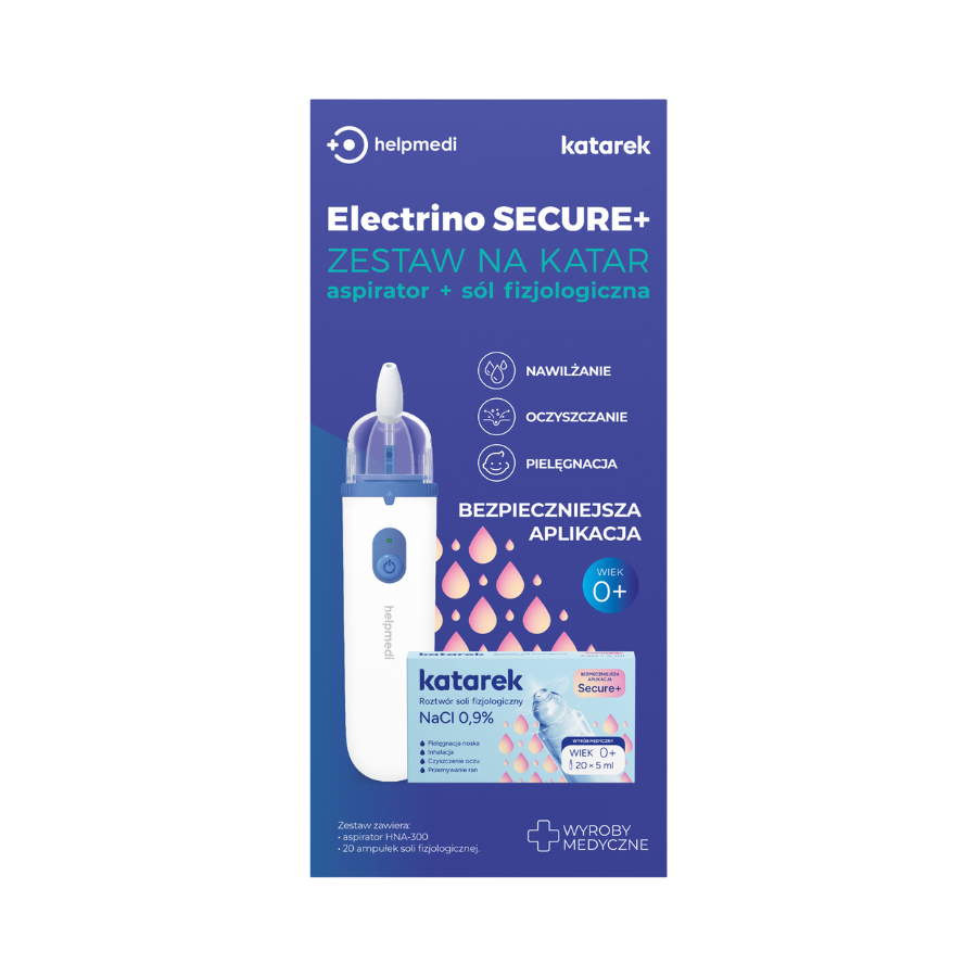 Ultra cichy aspirator elektryczny Electrino + sól fizjologiczna Katarek Secure+ / Katarek Helpmedi
