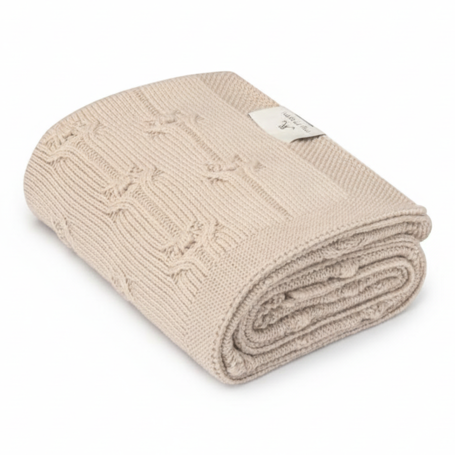 Kocyk ze 100% wełny merino warm beige Floral - premium collection / My Memi