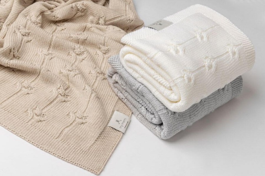 Kocyk ze 100% wełny merino light grey Floral - premium collection / My Memi