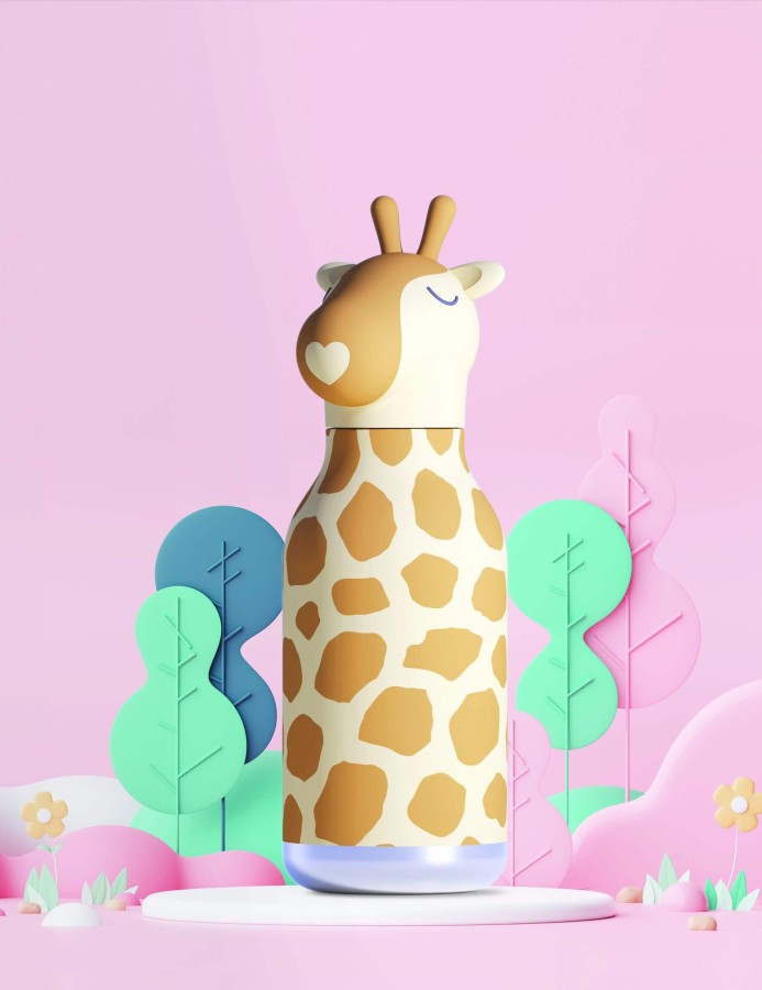 Butelka termiczna ze słomką Bestie, 460 ml - Żyrafa / Asobu