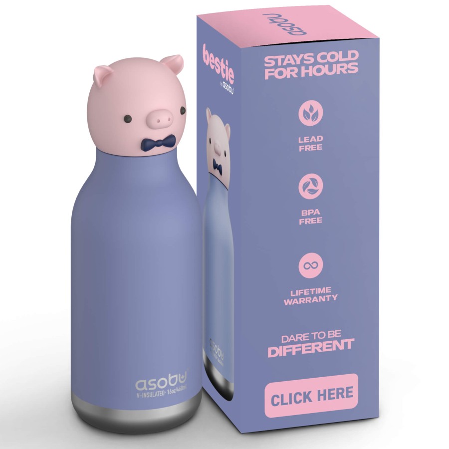 Butelka termiczna ze słomką Bestie, 460 ml - Świnka / Asobu