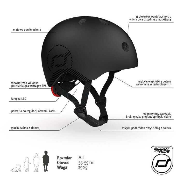 Kask M-L starszych dzieci i nastolatków Black / Scoot&Ride