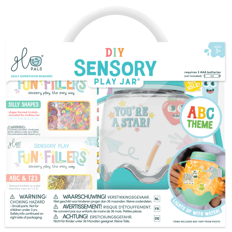 Zestaw sensoryczny DIY, świecący słoik z brokatami i figurkami Fun Fillers + naklejki gratis - ABC / Glo Pals