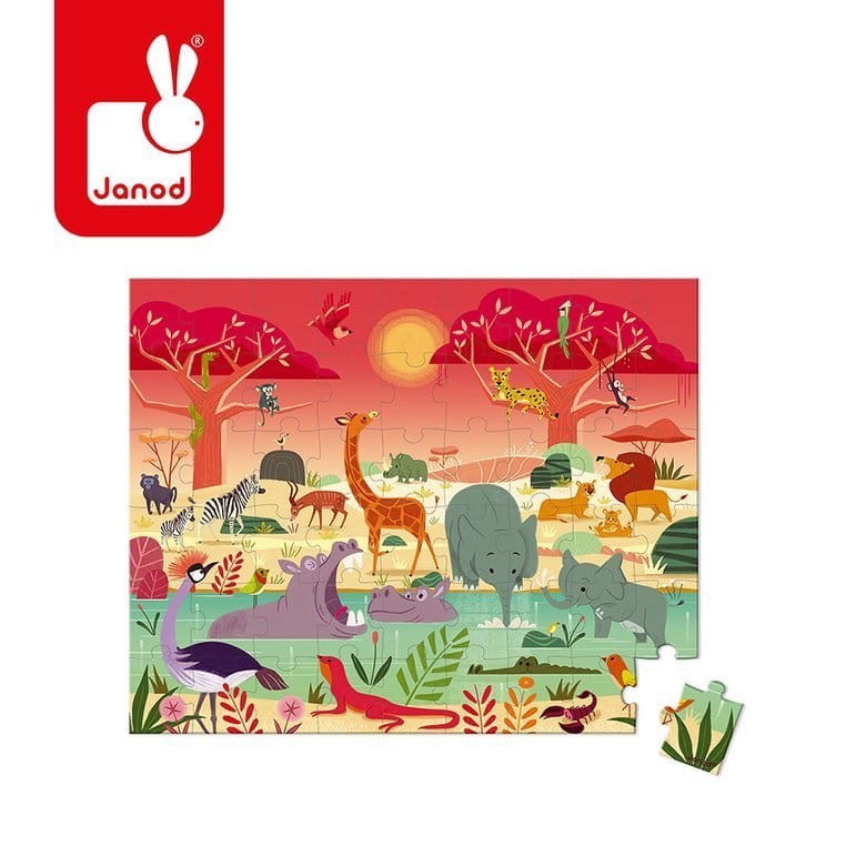 Puzzle obserwacyjne w walizce Rezerwat zwierząt 54 elementy 5+ / Janod