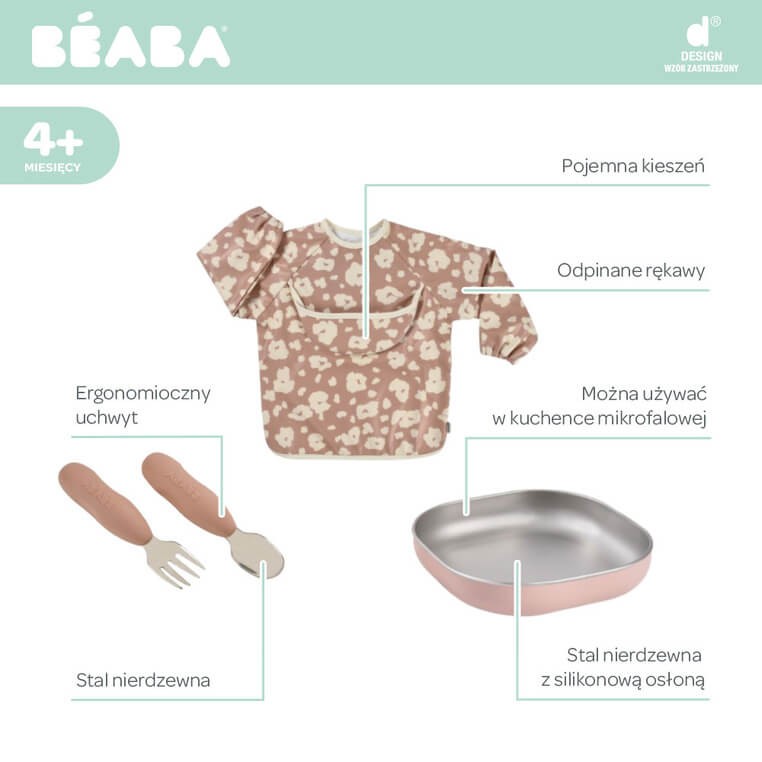Zestaw prezentowy First Meals 3w1 (talerzyk + zestaw sztućców + śliniak) Savannah bloom / Beaba