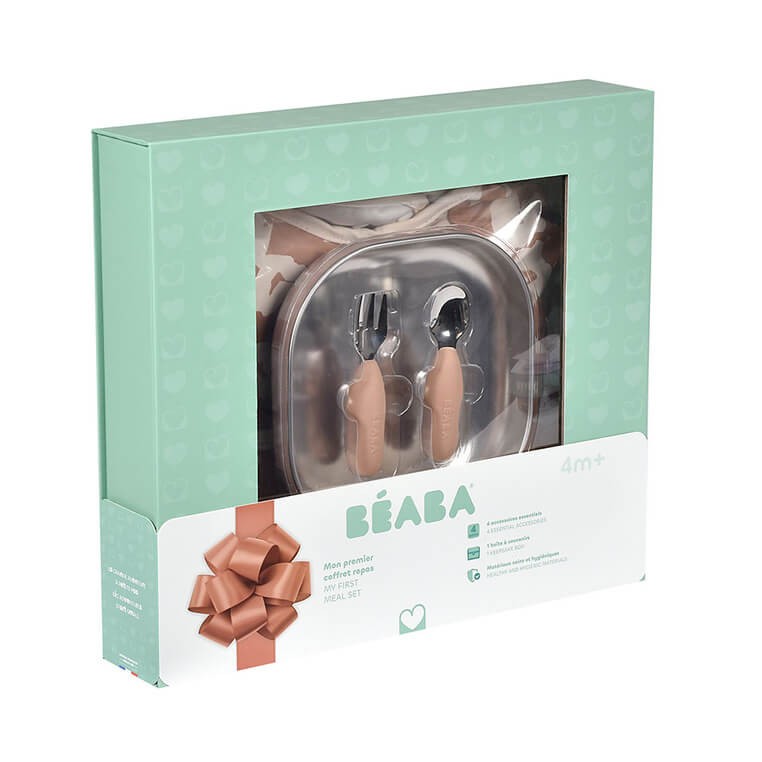 Zestaw prezentowy First Meals 3w1 (talerzyk + zestaw sztućców + śliniak) Savannah bloom / Beaba