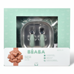 Zestaw prezentowy First Meals 3w1 (talerzyk + zestaw sztućców + śliniak) Sage green / Beaba