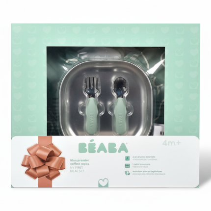 Zestaw prezentowy First Meals 3w1 (talerzyk + zestaw sztućców + śliniak) Sage green / Beaba