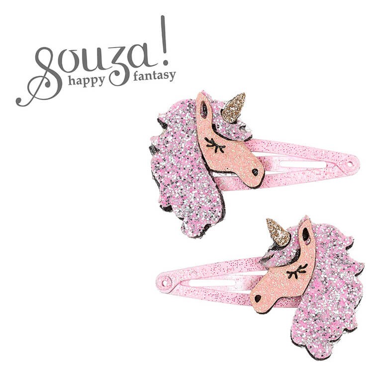 Spinki do włosów z brokatowym jednorożcem różowe Willow, 2szt. / Souza!