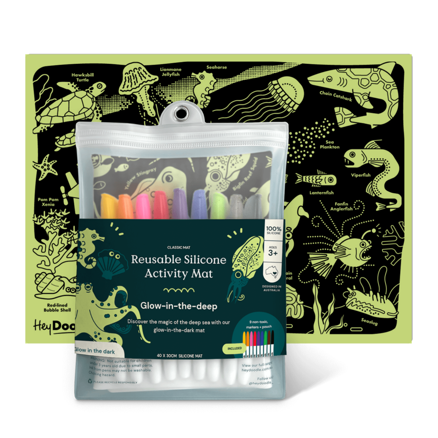 Świecąca w Ciemności Duża Mata Silikonowa do Kolorowania A3 - Morskie Głębiny / HeyDoodle