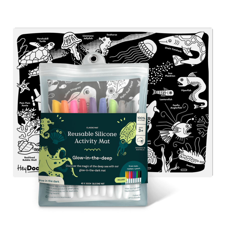 Świecąca w Ciemności Duża Mata Silikonowa do Kolorowania A3 - Morskie Głębiny / HeyDoodle
