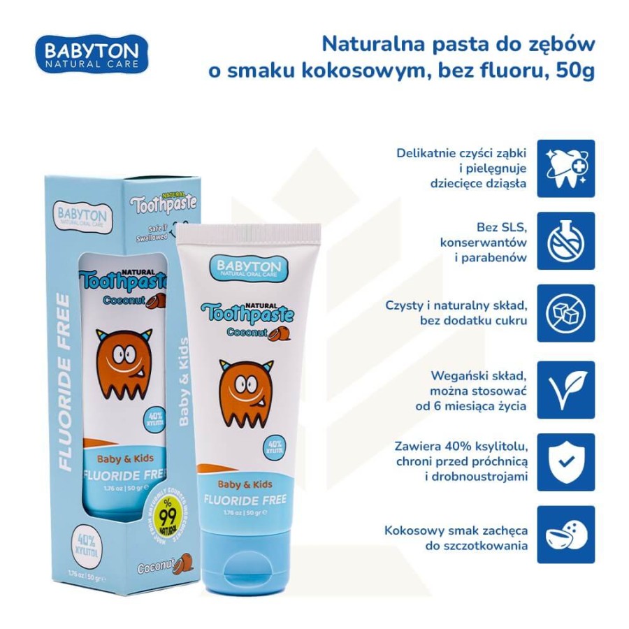 Naturalna pasta do zębów dla dzieci bez fluoru, 50g - kokosowa / Babyton