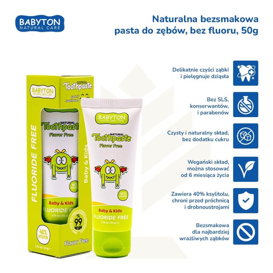Naturalna pasta do zębów dla dzieci bez fluoru, 50g - bezsmakowa / Babyton