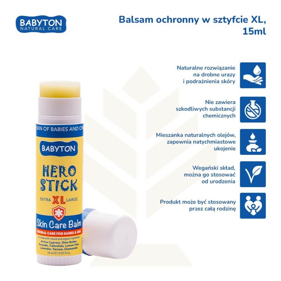 Balsam do pielęgnacji skóry w sztyfcie Hero Stick XL, bezpieczny od narodzin, 15 ml / Babyton