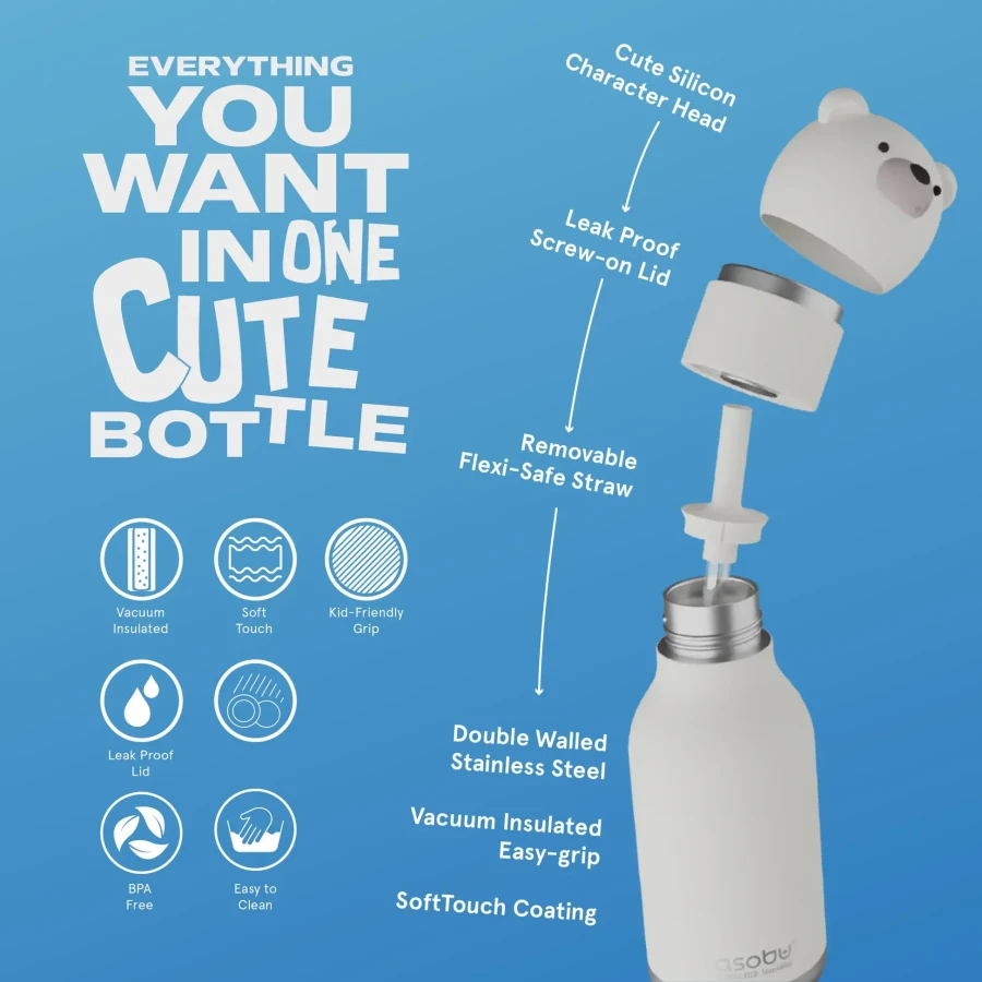 Butelka termiczna ze słomką Bestie, 460 ml - Niedźwiedź polarny / Asobu