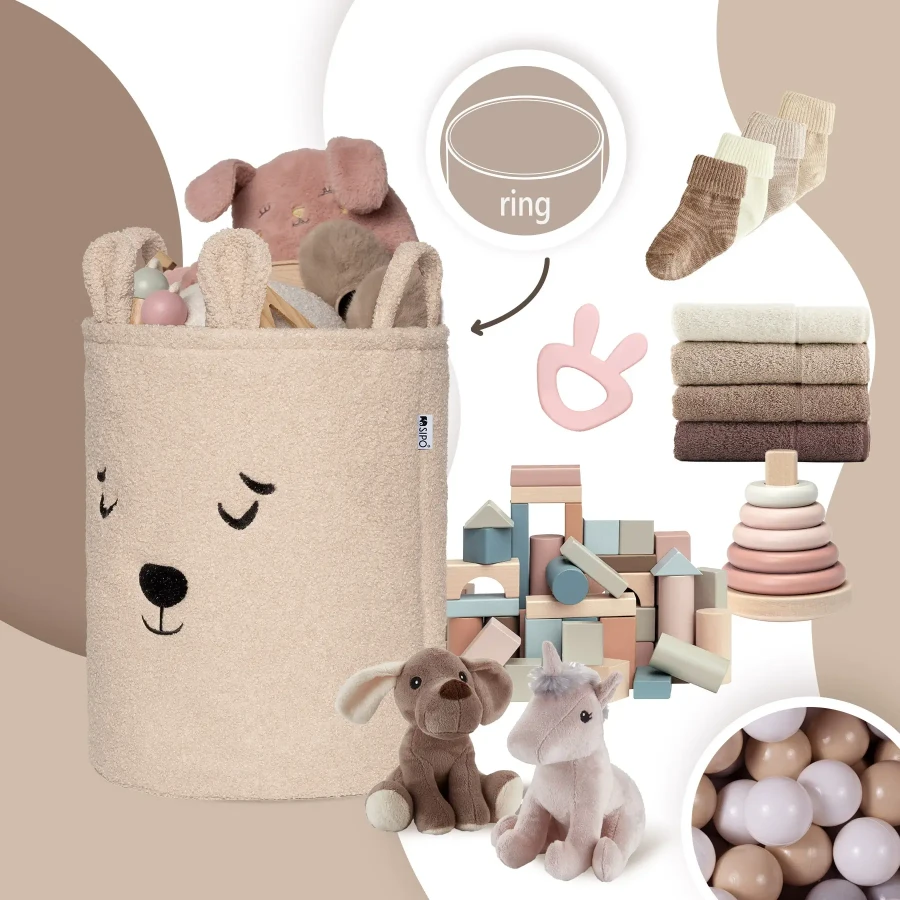 Zamykany kosz na ściągacz do przechowywania zabawek, BOUNCLE PREMIUM - Beżowy Miś / SIPO