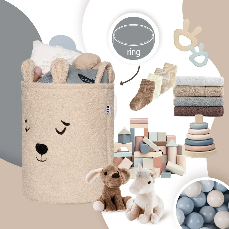 Zamykany kosz na ściągacz do przechowywania zabawek, BOUNCLE PREMIUM - Beżowy Miś / SIPO