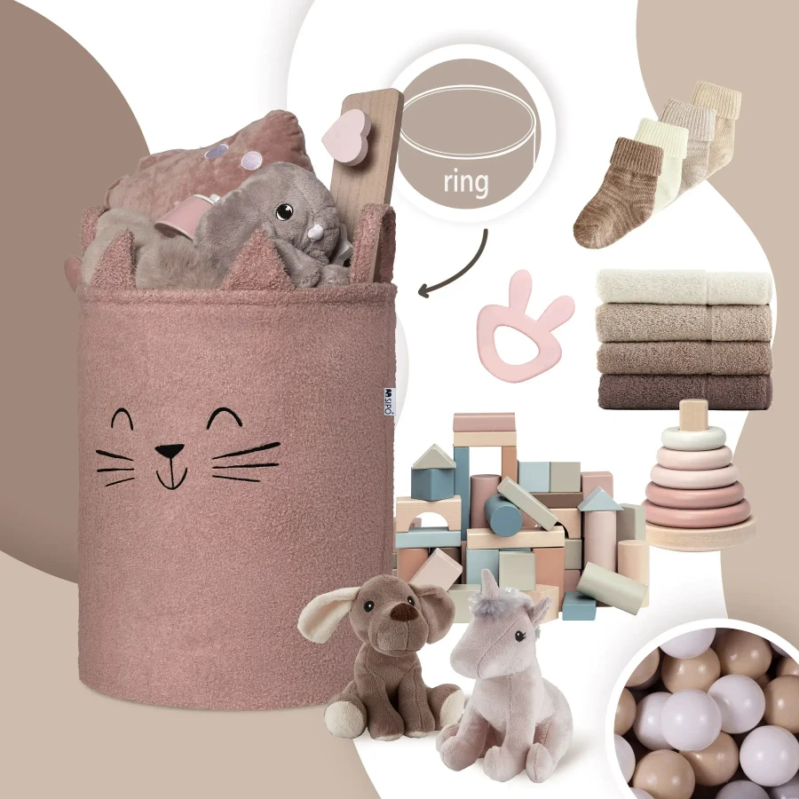 Zamykany kosz na ściągacz do przechowywania zabawek, BOUNCLE PREMIUM - Różowy Kot / SIPO